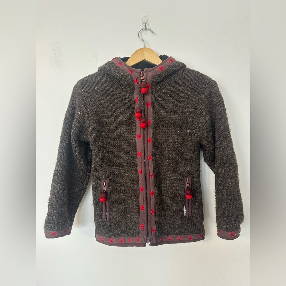 Handmade Wool Jacket Hoodie Floral Embroidered Brown Coat Women’s S